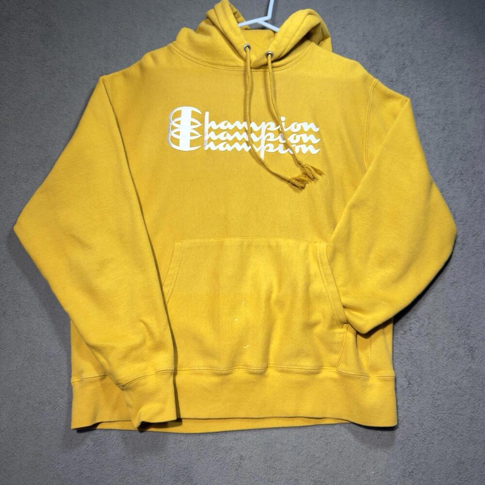 Champion Reverse Weave Hoodie Mustard Yellow Pullover Sweatshirt Mens Large